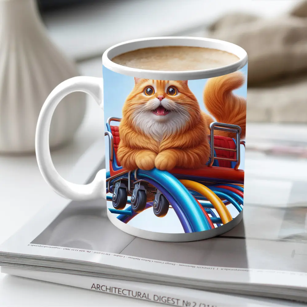 Orange Cat Riding Roller Coaster Cartoon Art – Mugs