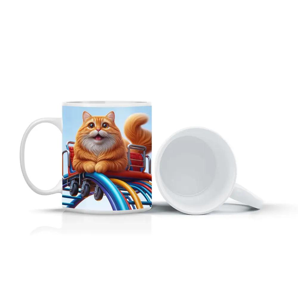 Orange Cat Riding Roller Coaster Cartoon Art – Mugs