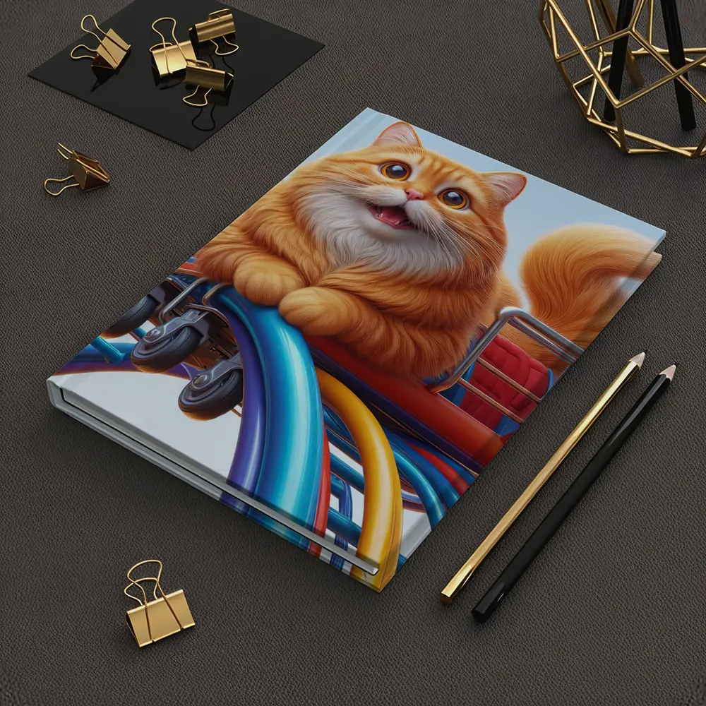 Orange Cat Riding Roller Coaster Cartoon Art – Notebooks