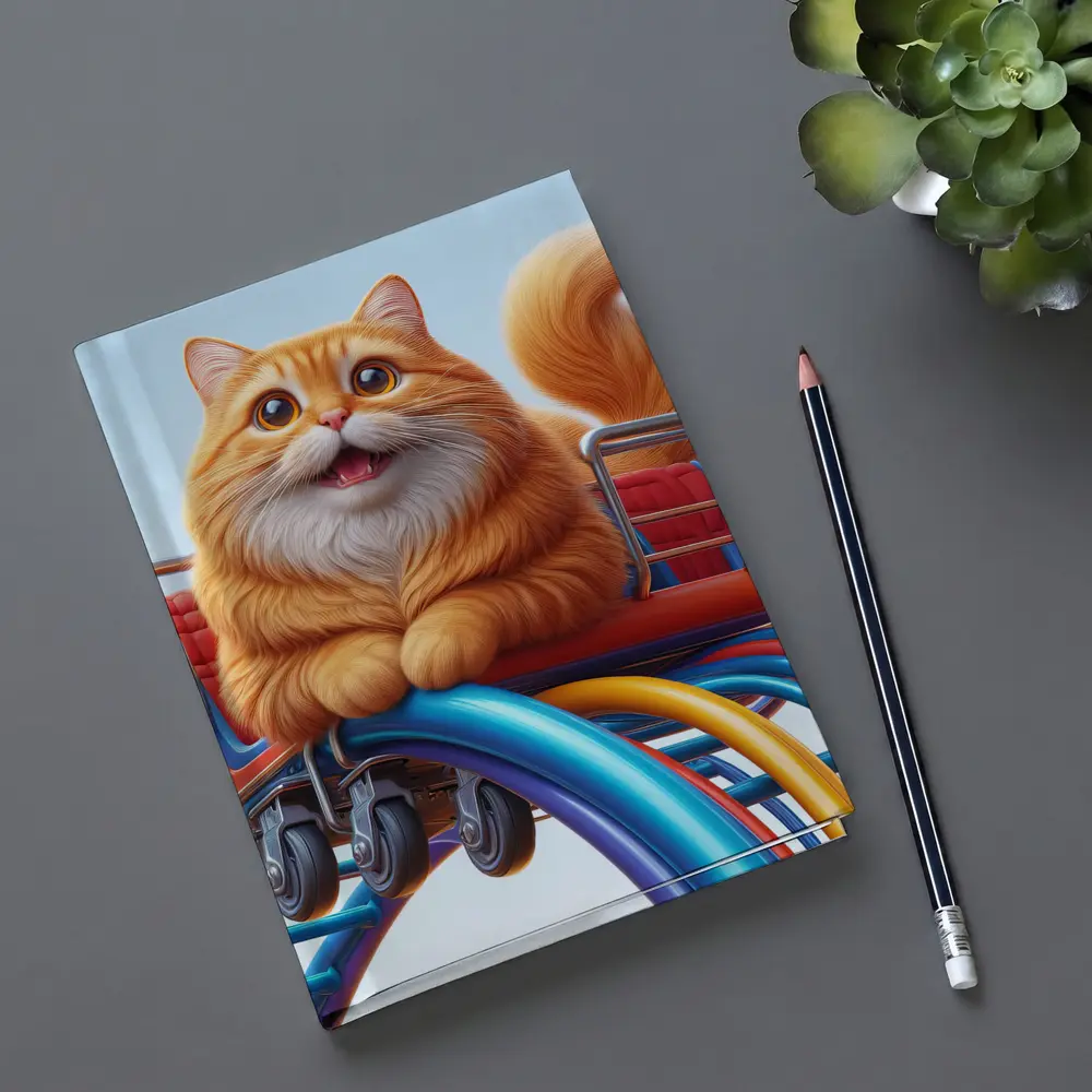 Orange Cat Riding Roller Coaster Cartoon Art – Notebooks