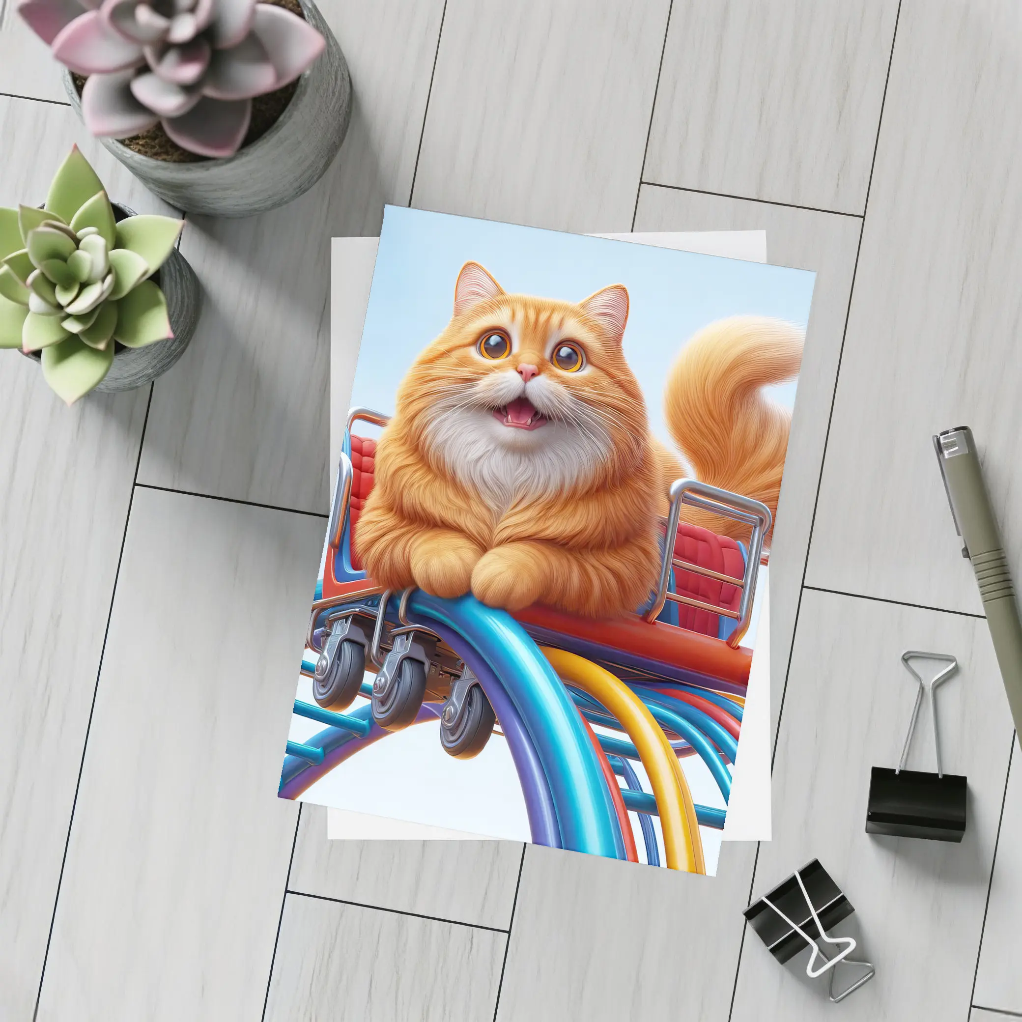 Orange Cat Riding Roller Coaster Cartoon Art – Postcards