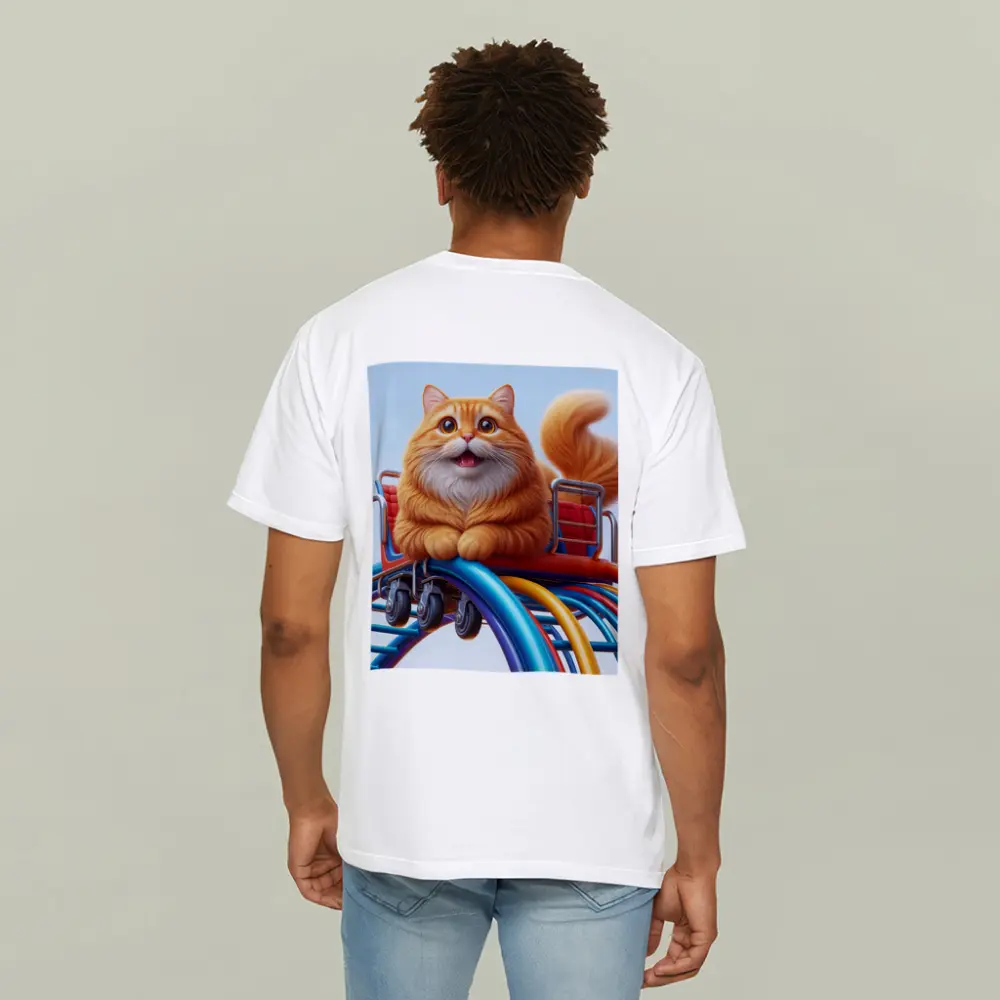 Orange Cat Riding Roller Coaster Cartoon Art – T-Shirts