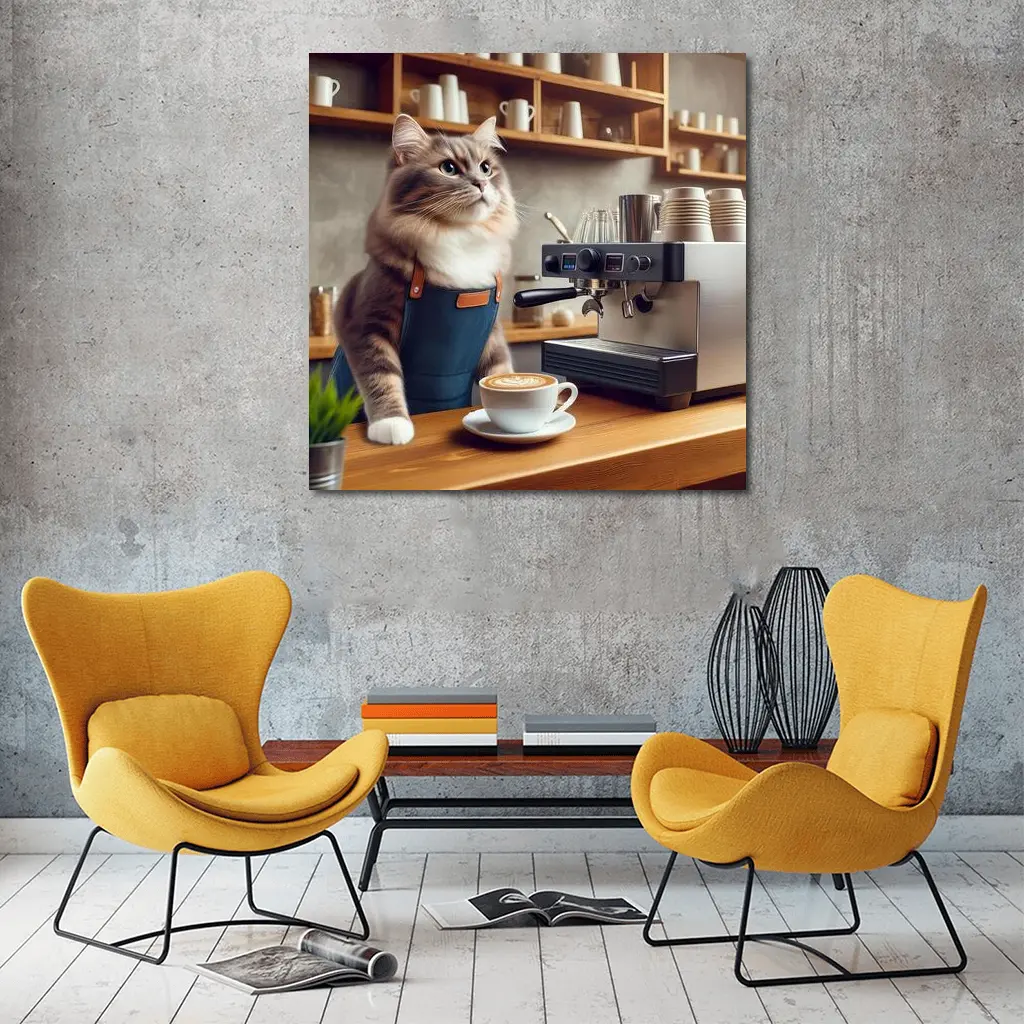 Cat Barista Making Coffee in Cafe – Wall Art
