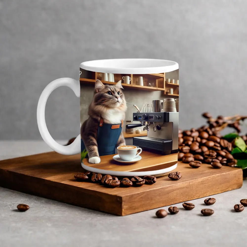 Cat Barista Making Coffee in Cafe – Mugs