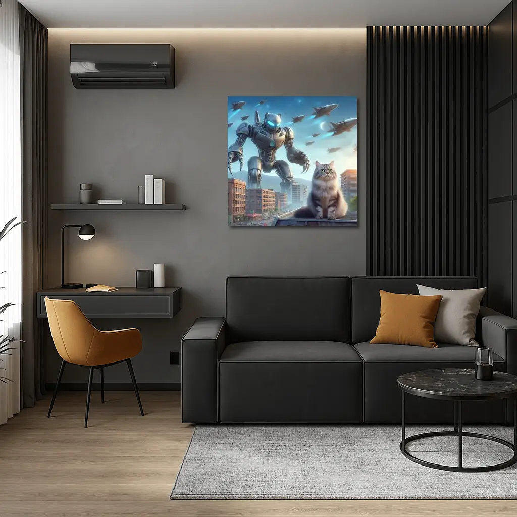 Cat Robot Warrior Futuristic City Skyline – Wall Art