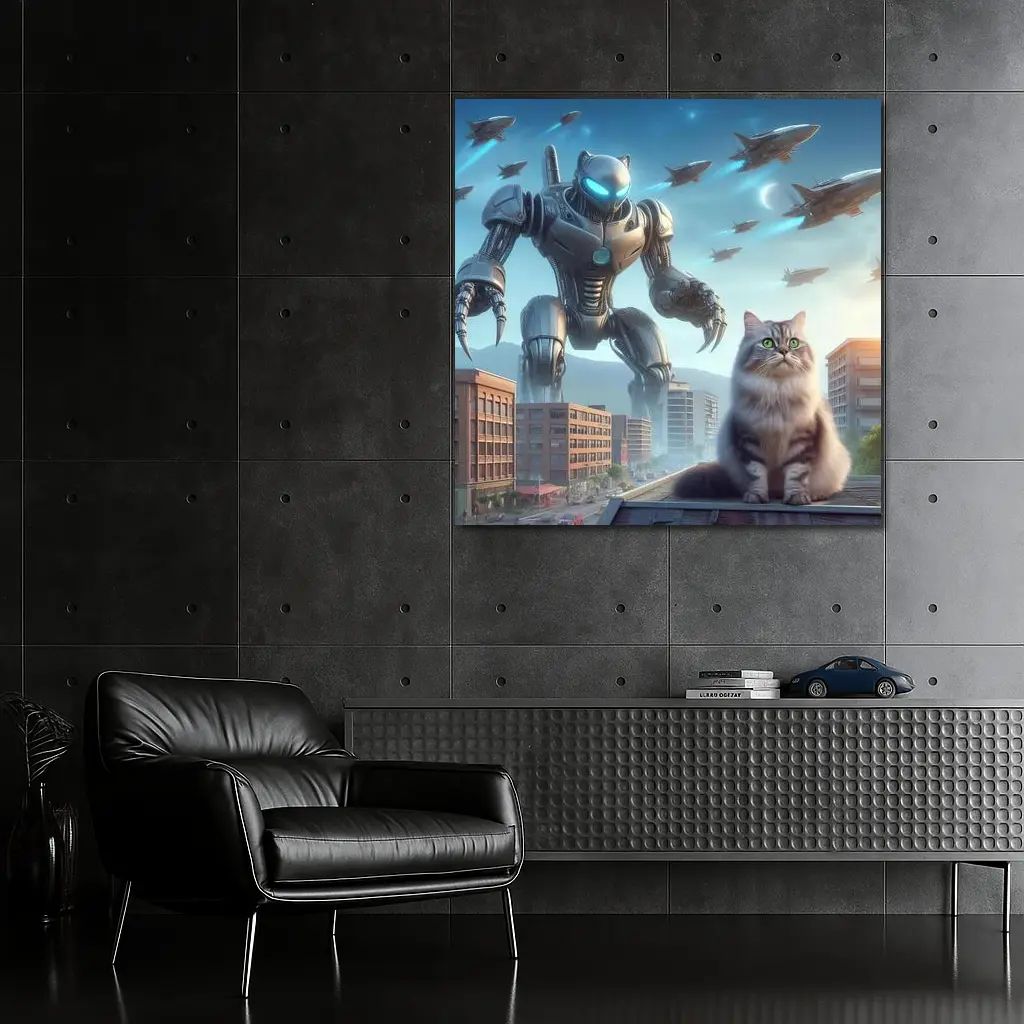 Cat Robot Warrior Futuristic City Skyline – Wall Art