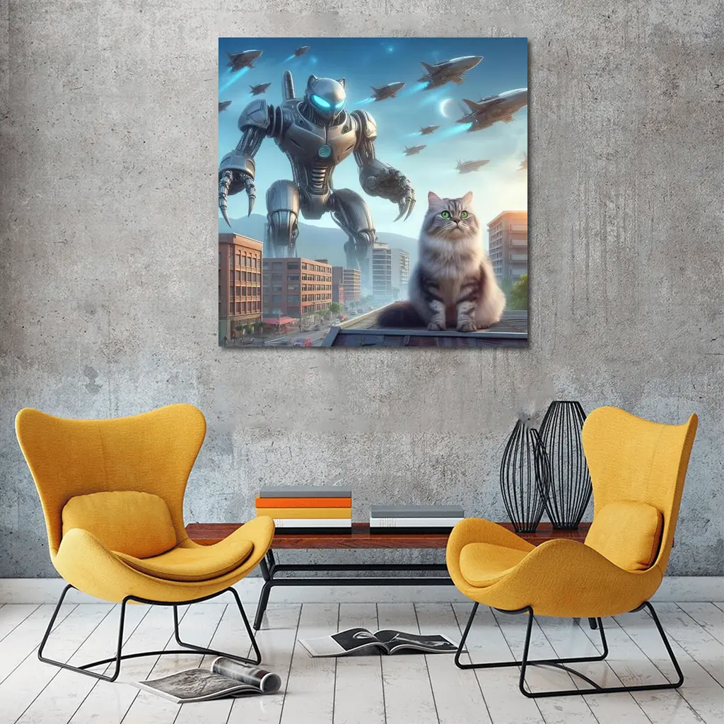Cat Robot Warrior Futuristic City Skyline – Wall Art