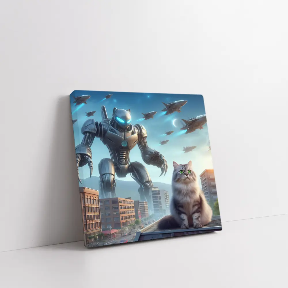 Cat Robot Warrior Futuristic City Skyline – Wall Art