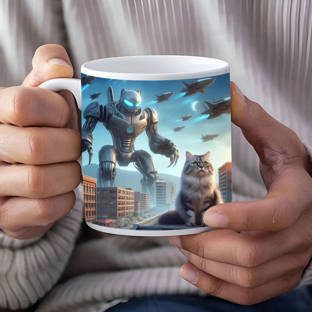 Cat Robot Warrior Futuristic City Skyline – Mugs