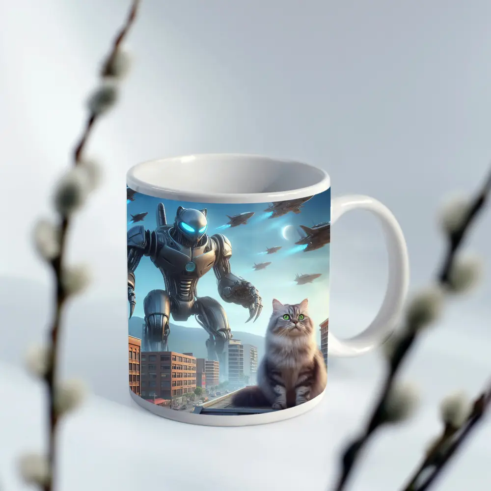 Cat Robot Warrior Futuristic City Skyline – Mugs
