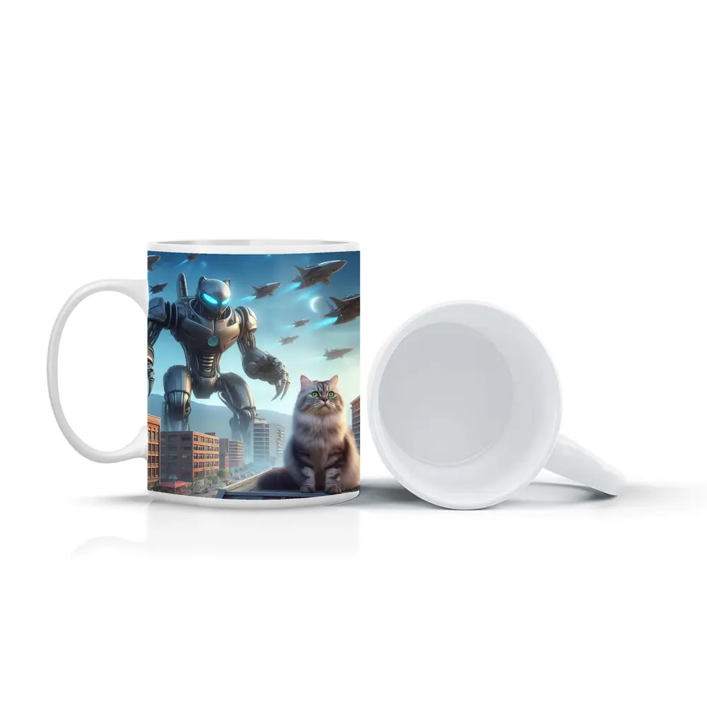 Cat Robot Warrior Futuristic City Skyline – Mugs
