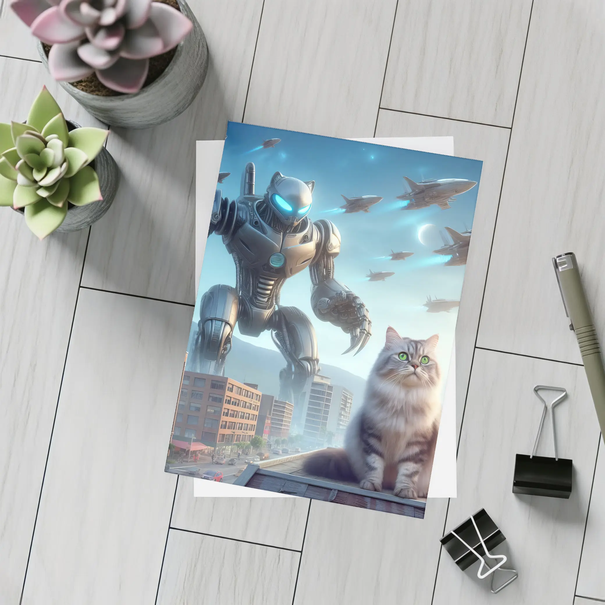 Cat Robot Warrior Futuristic City Skyline – Postcards