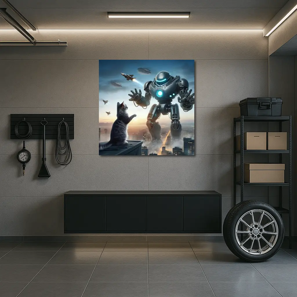Giant Robot Cat Rooftop Futuristic City – Wall Art