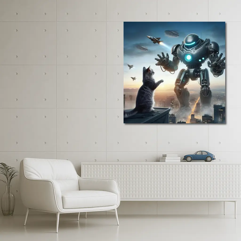Giant Robot Cat Rooftop Futuristic City – Wall Art