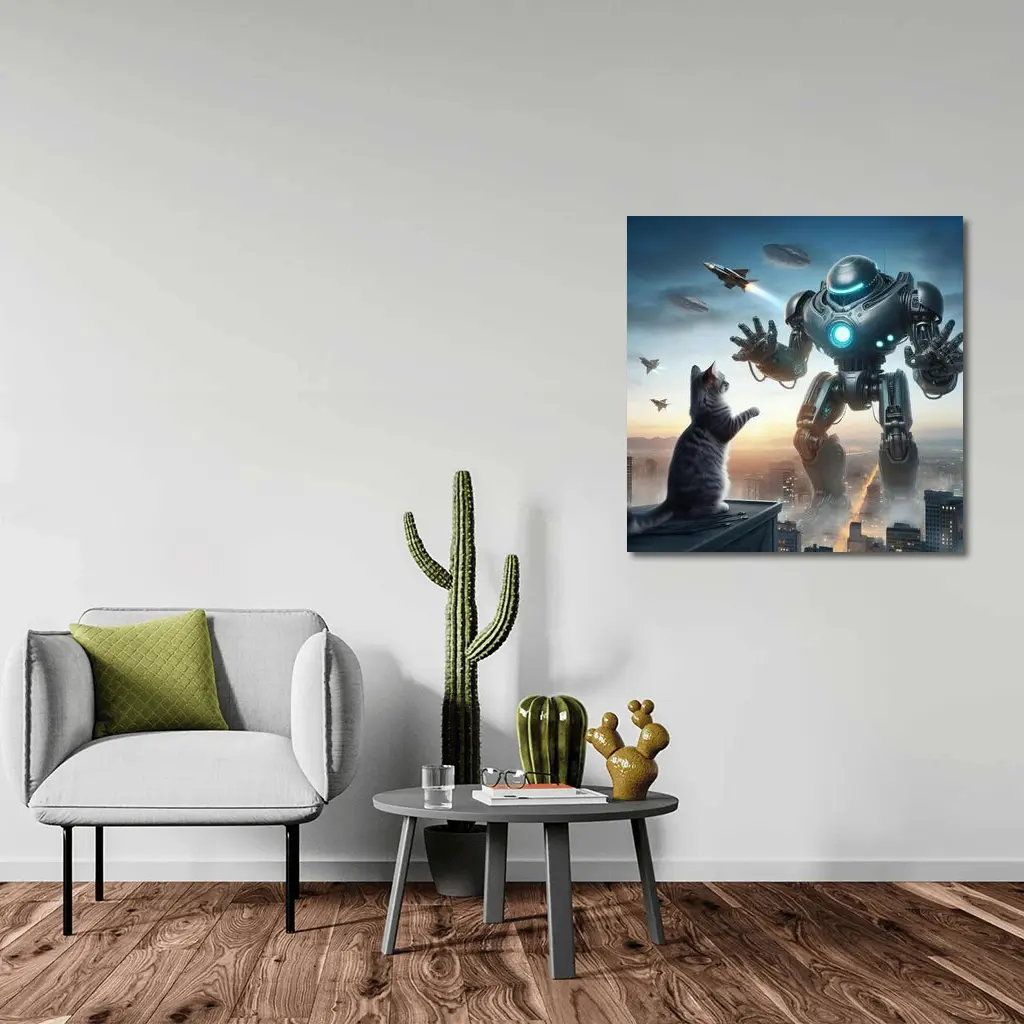 Giant Robot Cat Rooftop Futuristic City – Wall Art