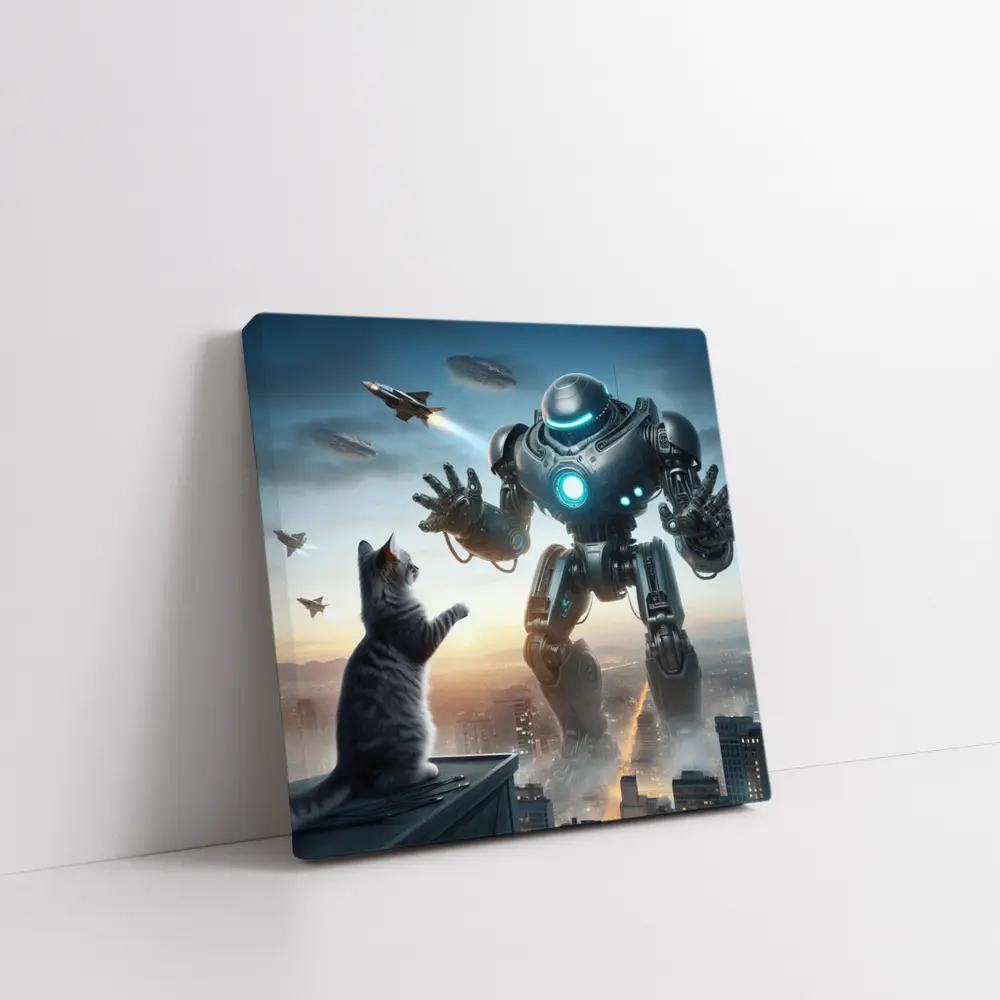 Giant Robot Cat Rooftop Futuristic City – Wall Art