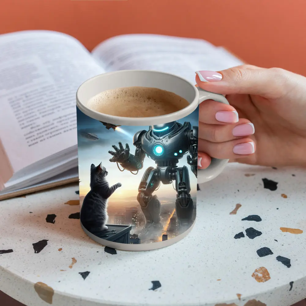 Giant Robot Cat Rooftop Futuristic City – Mugs