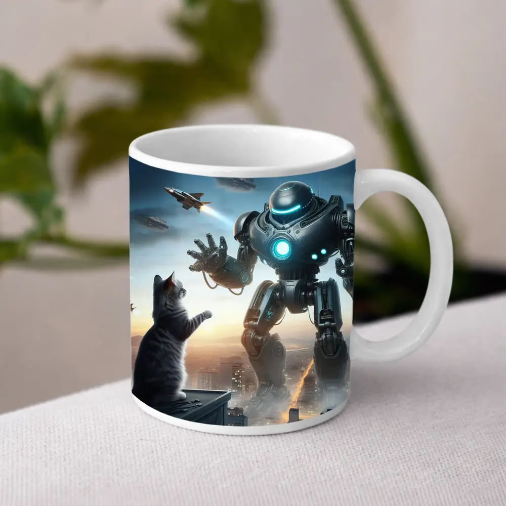Giant Robot Cat Rooftop Futuristic City – Mugs