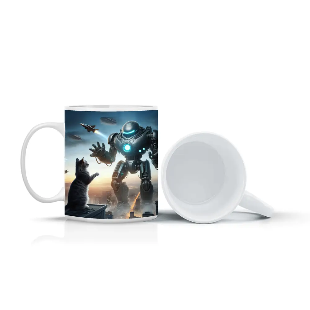 Giant Robot Cat Rooftop Futuristic City – Mugs