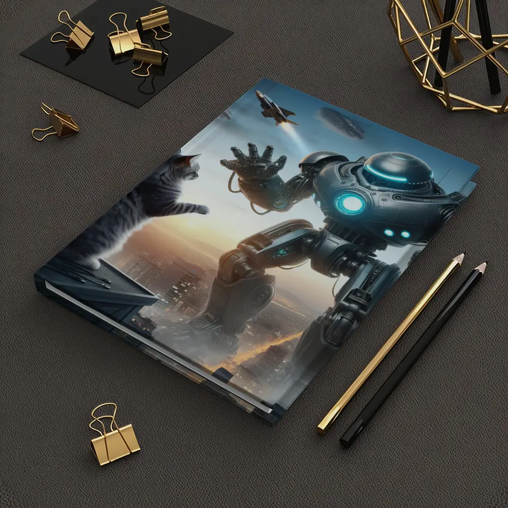 Giant Robot Cat Rooftop Futuristic City – Notebooks