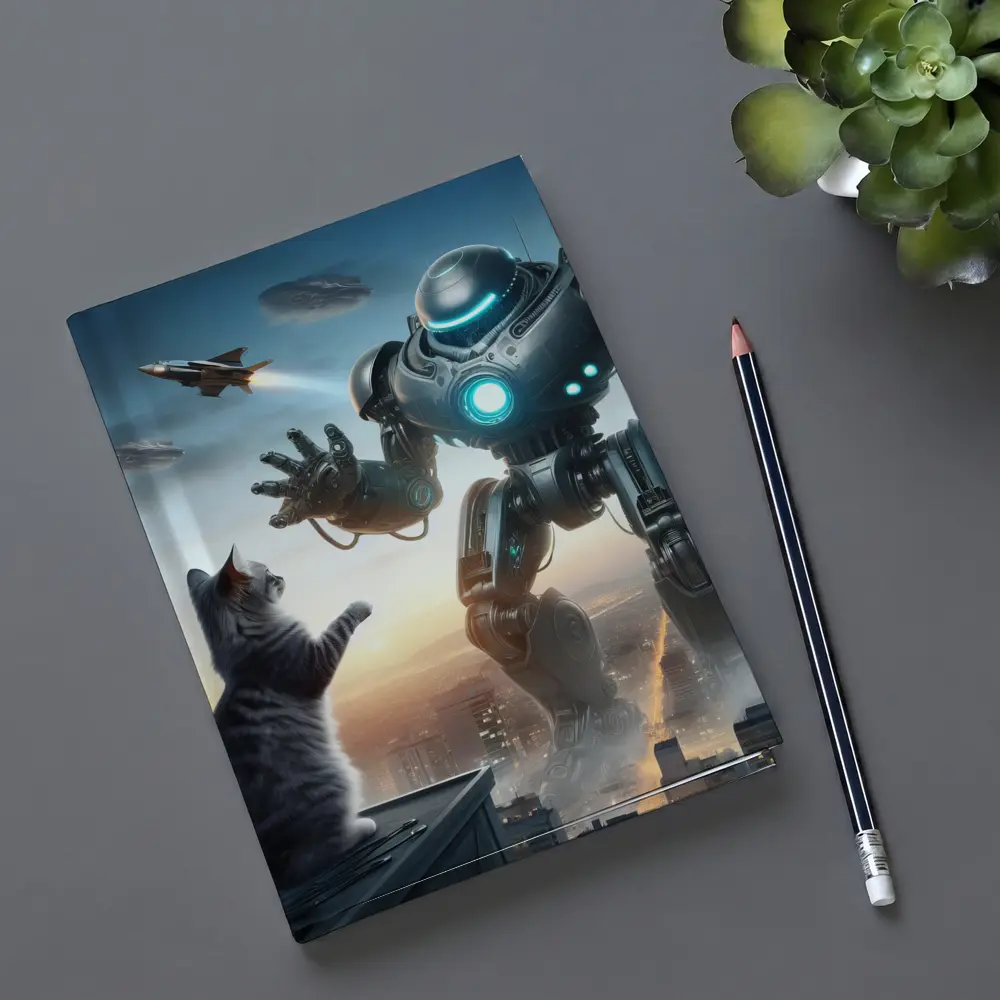 Giant Robot Cat Rooftop Futuristic City – Notebooks