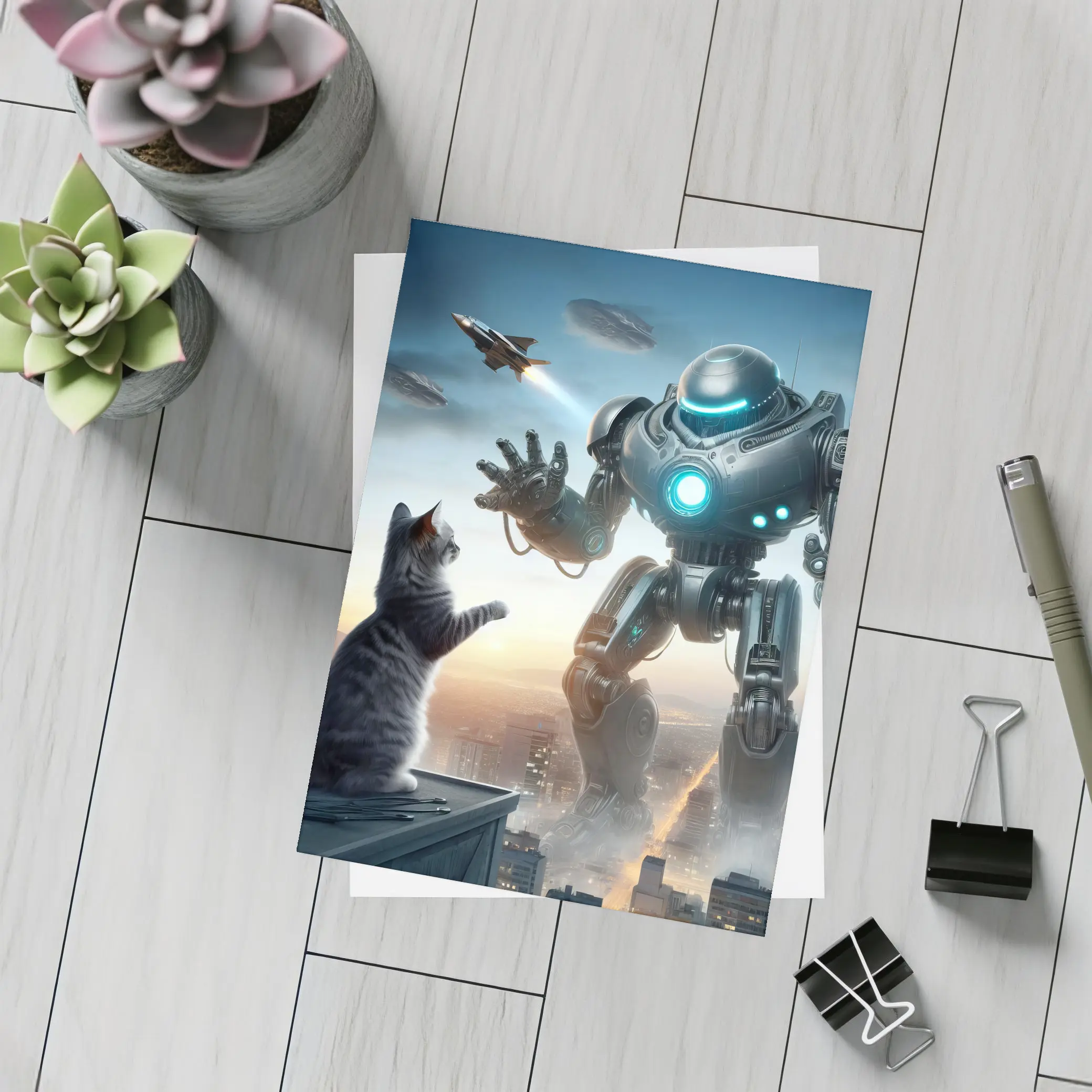 Giant Robot Cat Rooftop Futuristic City – Postcards