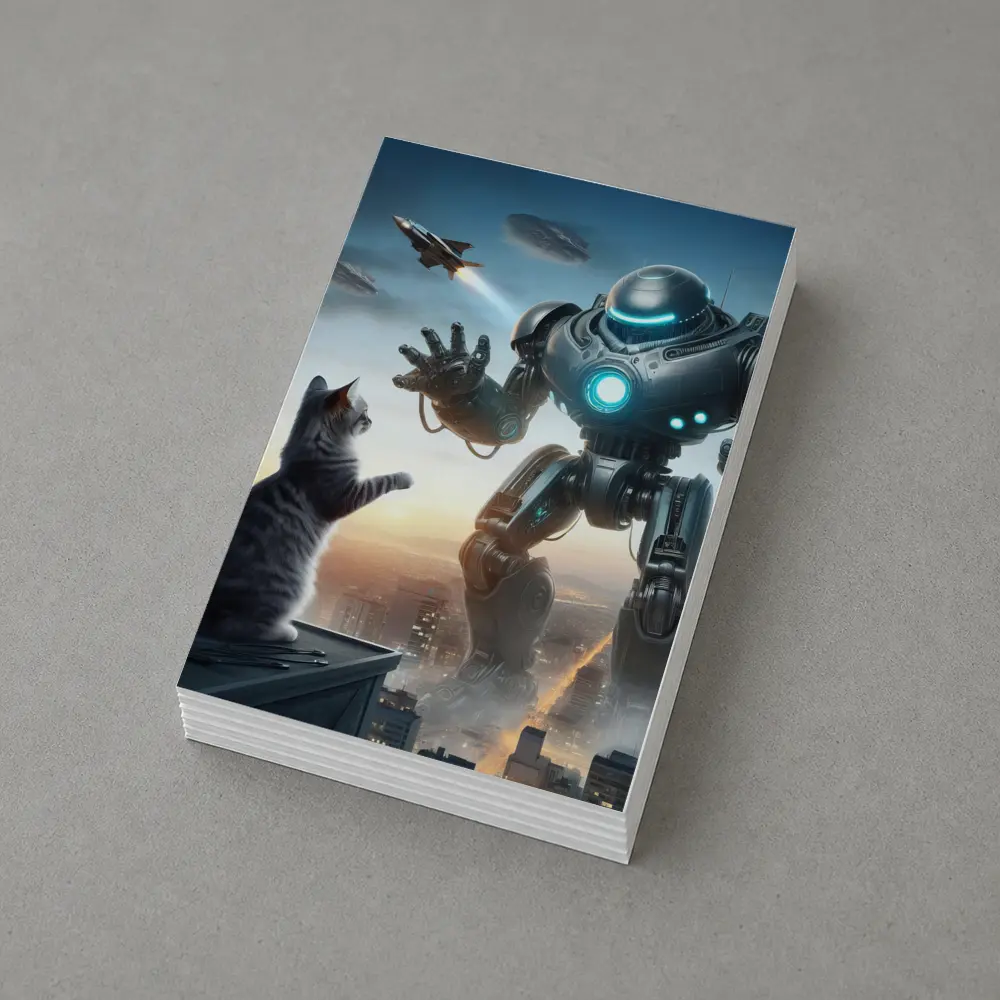 Giant Robot Cat Rooftop Futuristic City – Postcards
