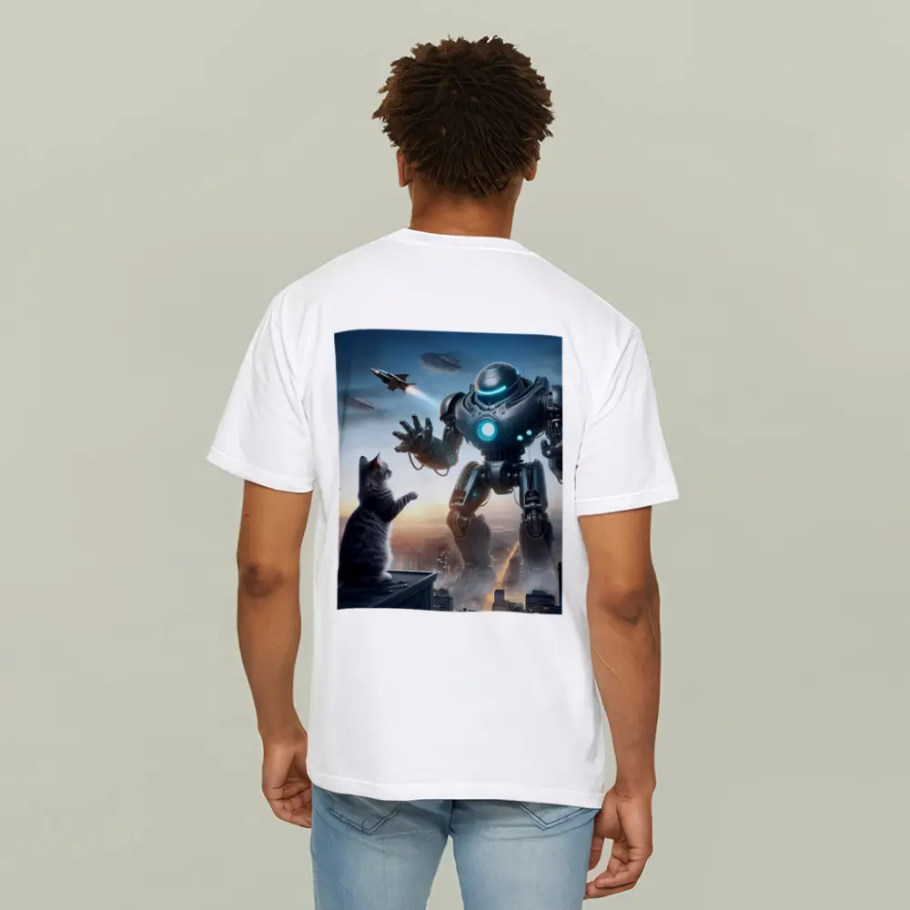 Giant Robot Cat Rooftop Futuristic City – T-Shirts