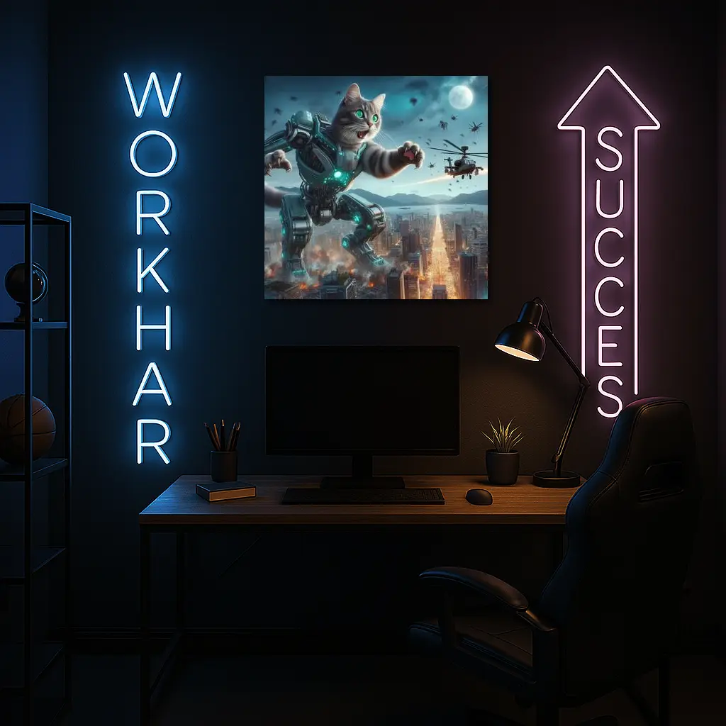 Giant Robot Cat Attacking Futuristic City Night – Wall Art