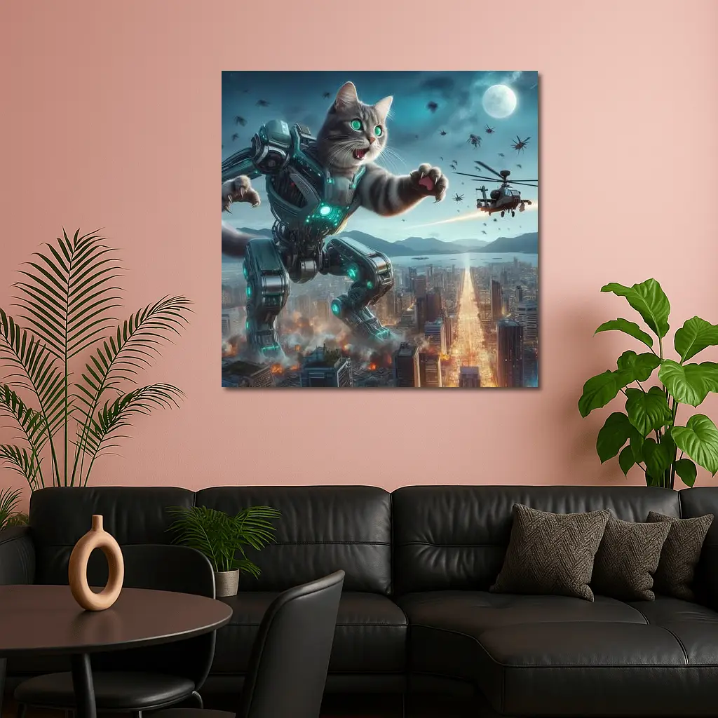Giant Robot Cat Attacking Futuristic City Night – Wall Art