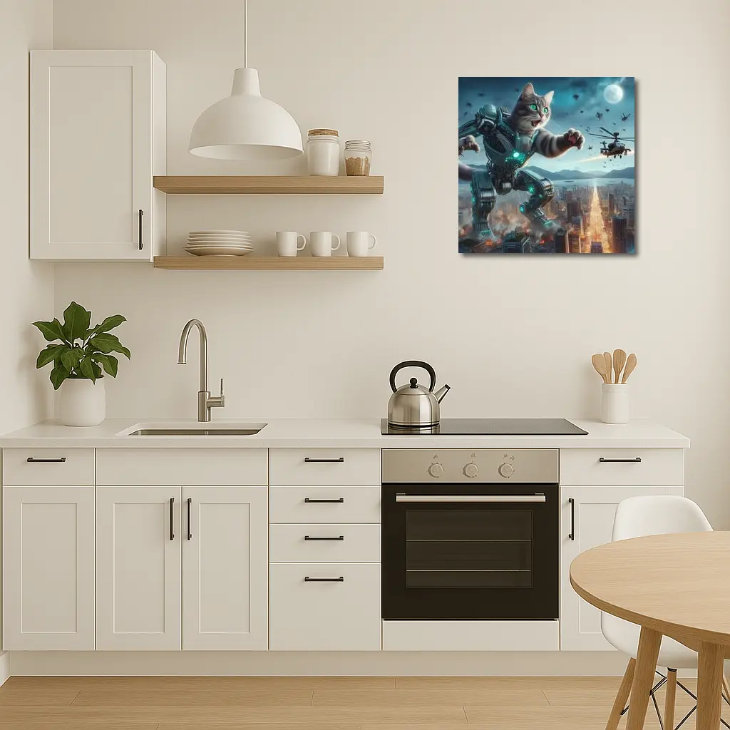 Giant Robot Cat Attacking Futuristic City Night – Wall Art