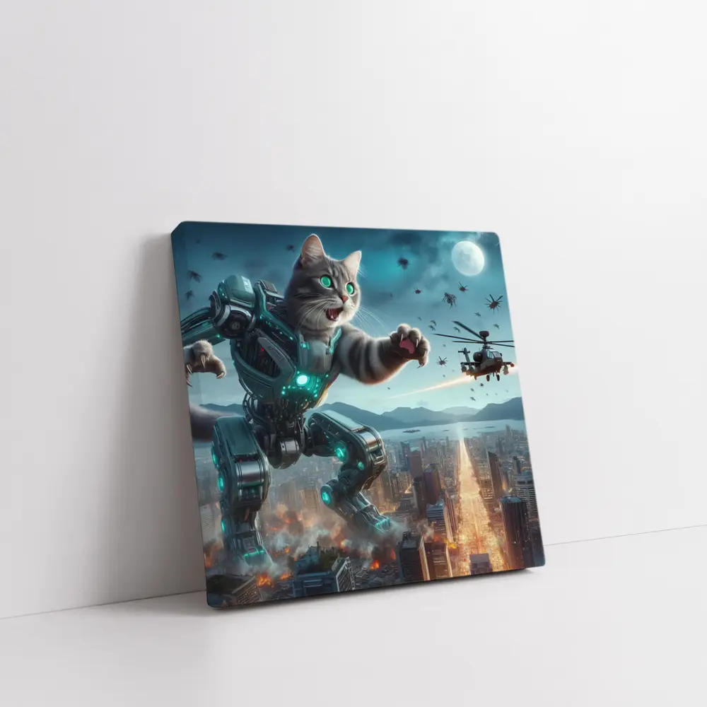 Giant Robot Cat Attacking Futuristic City Night – Wall Art