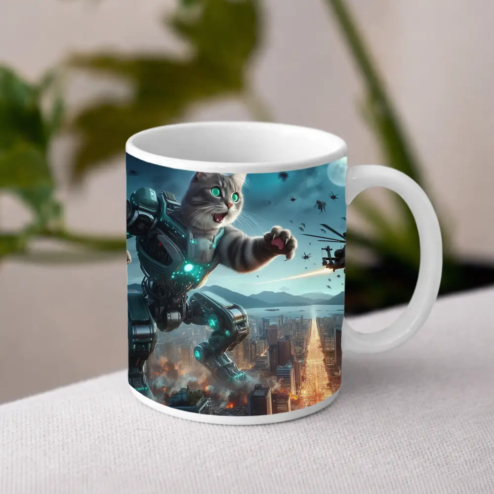 Giant Robot Cat Attacking Futuristic City Night – Mugs