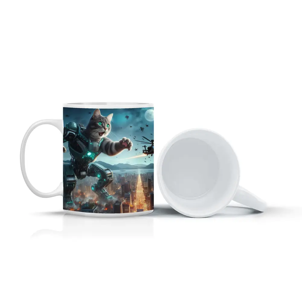 Giant Robot Cat Attacking Futuristic City Night – Mugs