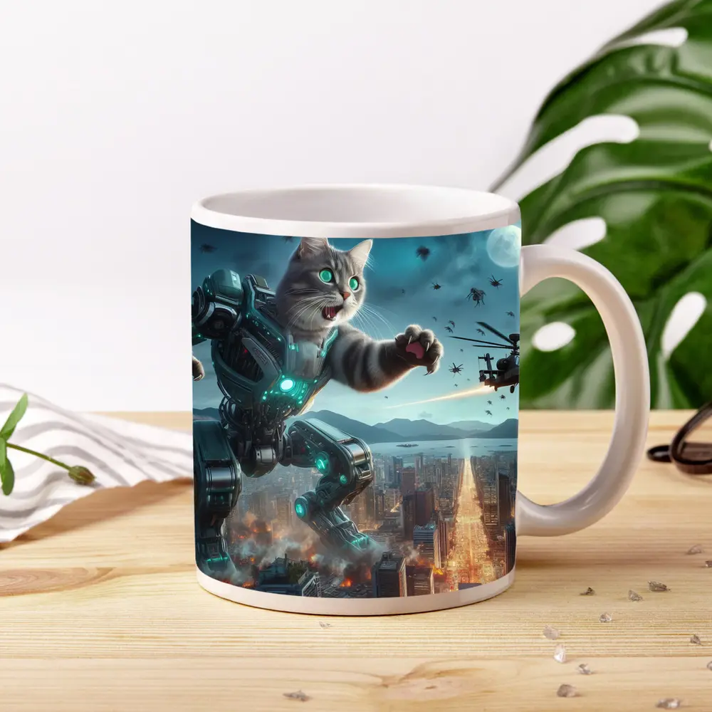 Giant Robot Cat Attacking Futuristic City Night – Mugs