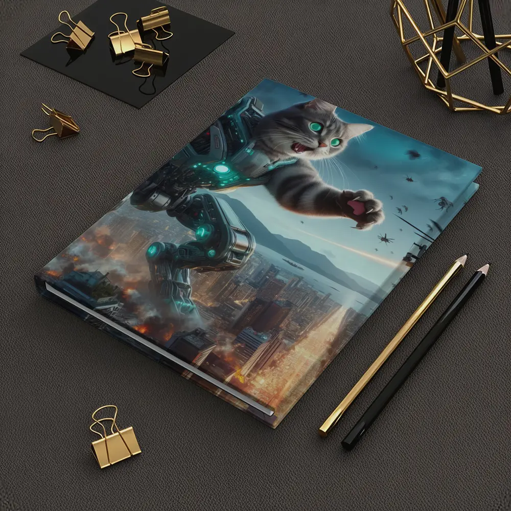 Giant Robot Cat Attacking Futuristic City Night – Notebooks