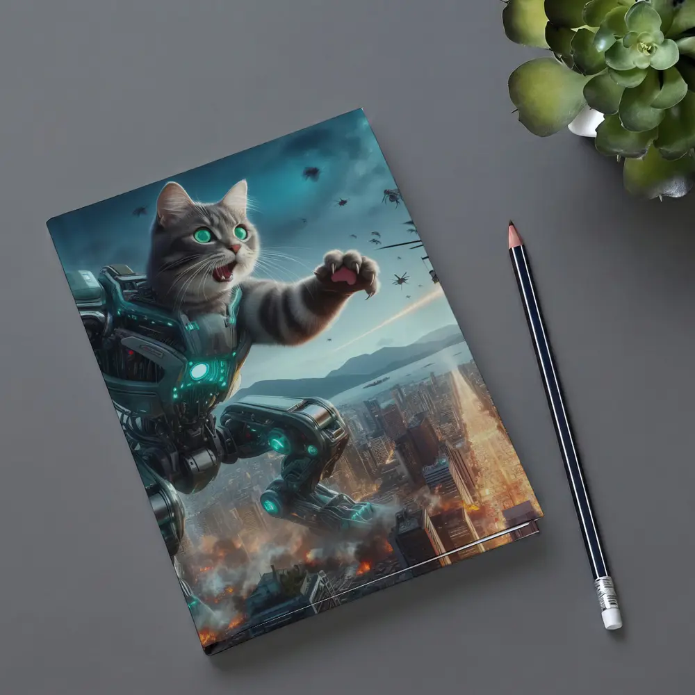 Giant Robot Cat Attacking Futuristic City Night – Notebooks
