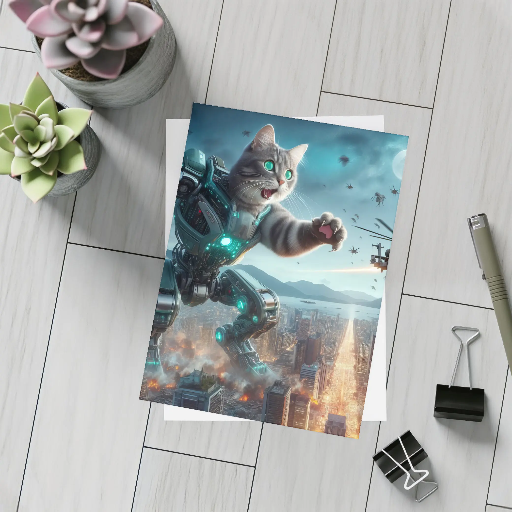 Giant Robot Cat Attacking Futuristic City Night – Postcards