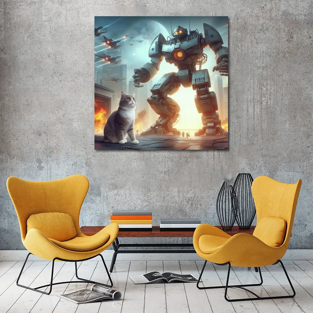 Cat and Giant Robot Futuristic City Battle – Wall Art