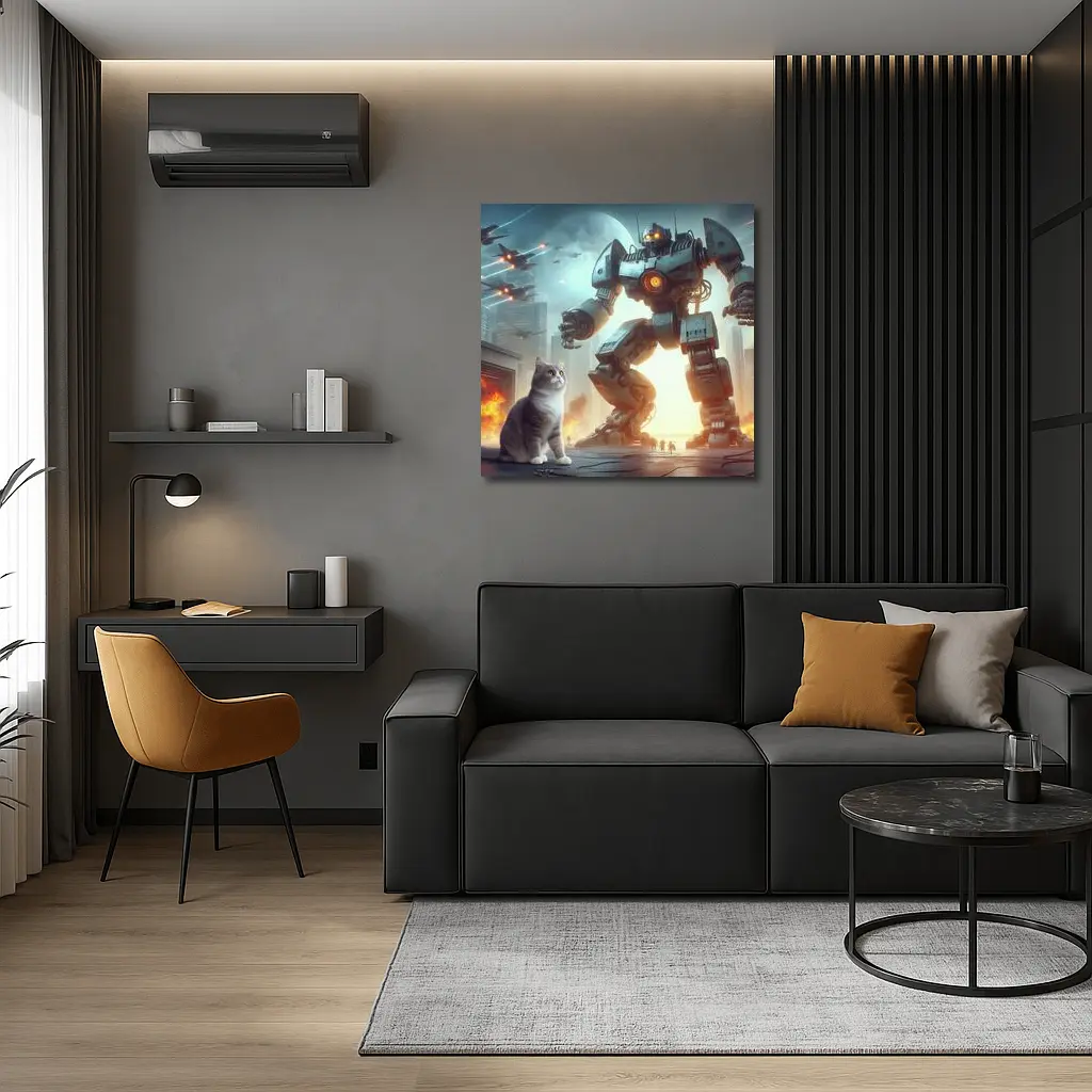Cat and Giant Robot Futuristic City Battle – Wall Art
