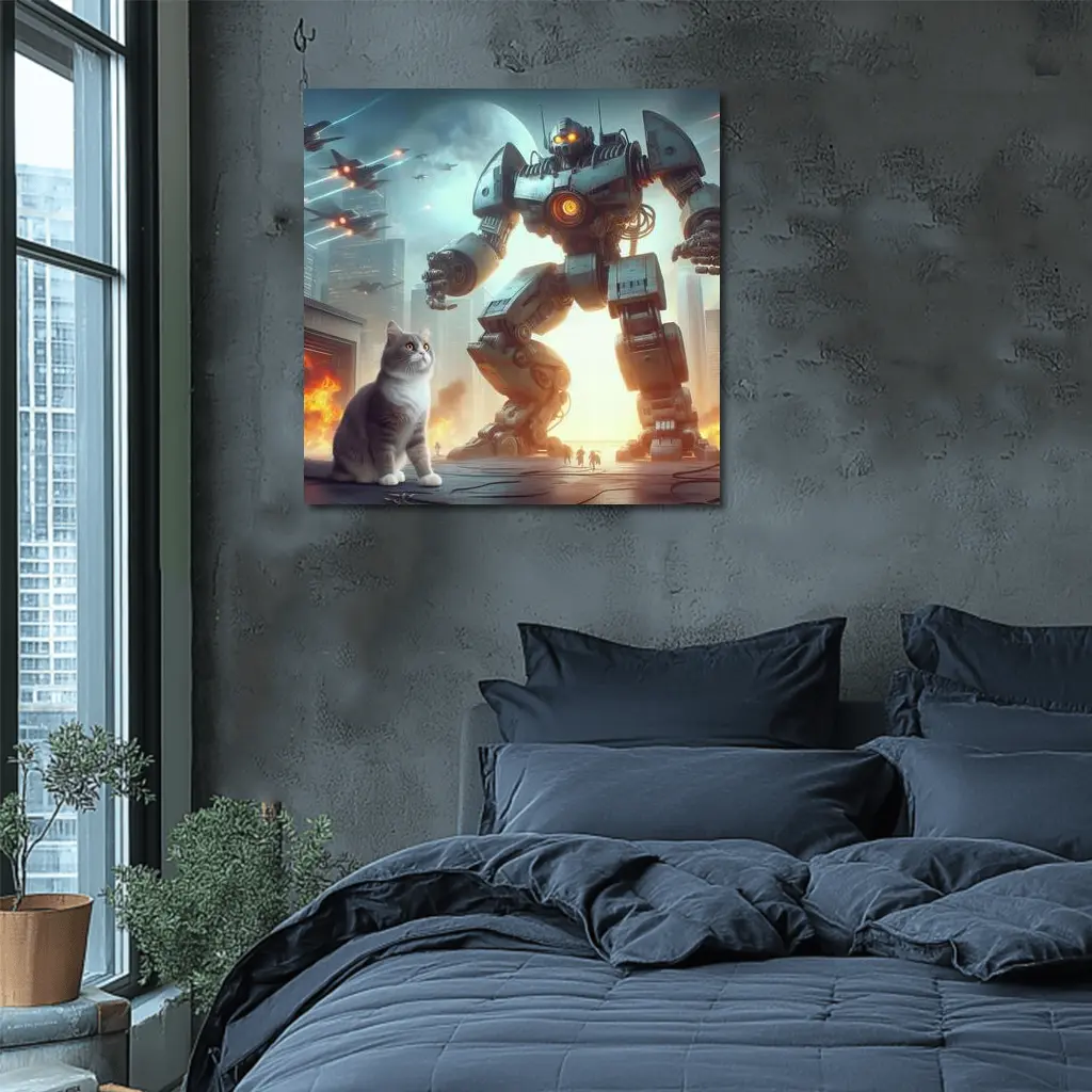 Cat and Giant Robot Futuristic City Battle – Wall Art