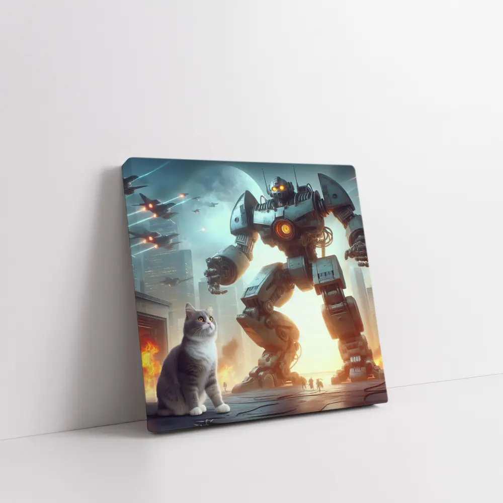 Cat and Giant Robot Futuristic City Battle – Wall Art