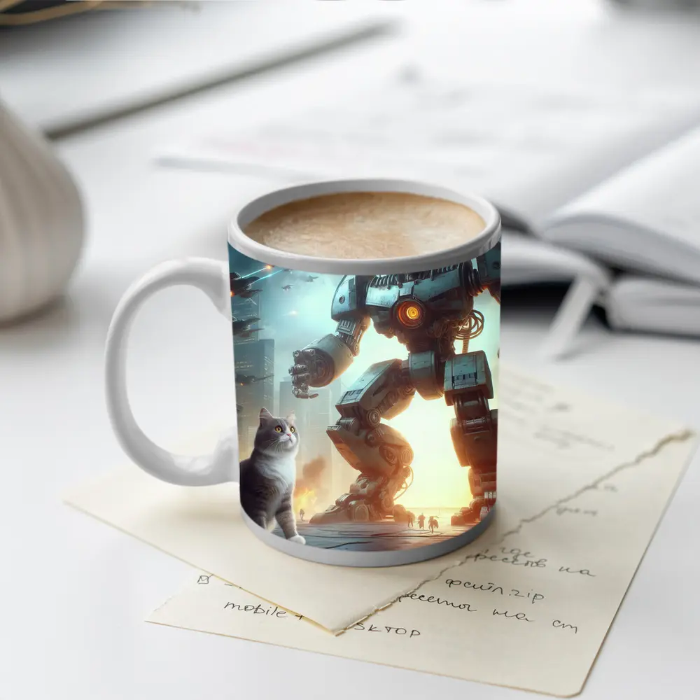 Cat and Giant Robot Futuristic City Battle – Mugs