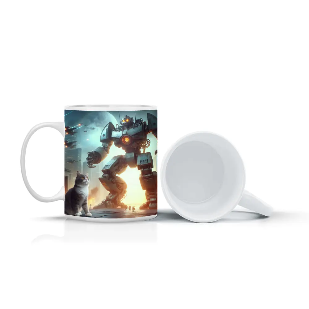 Cat and Giant Robot Futuristic City Battle – Mugs
