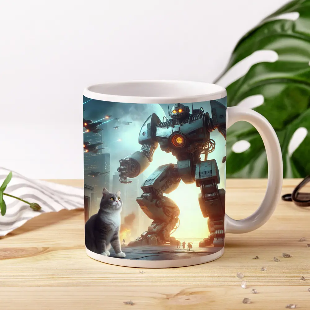 Cat and Giant Robot Futuristic City Battle – Mugs