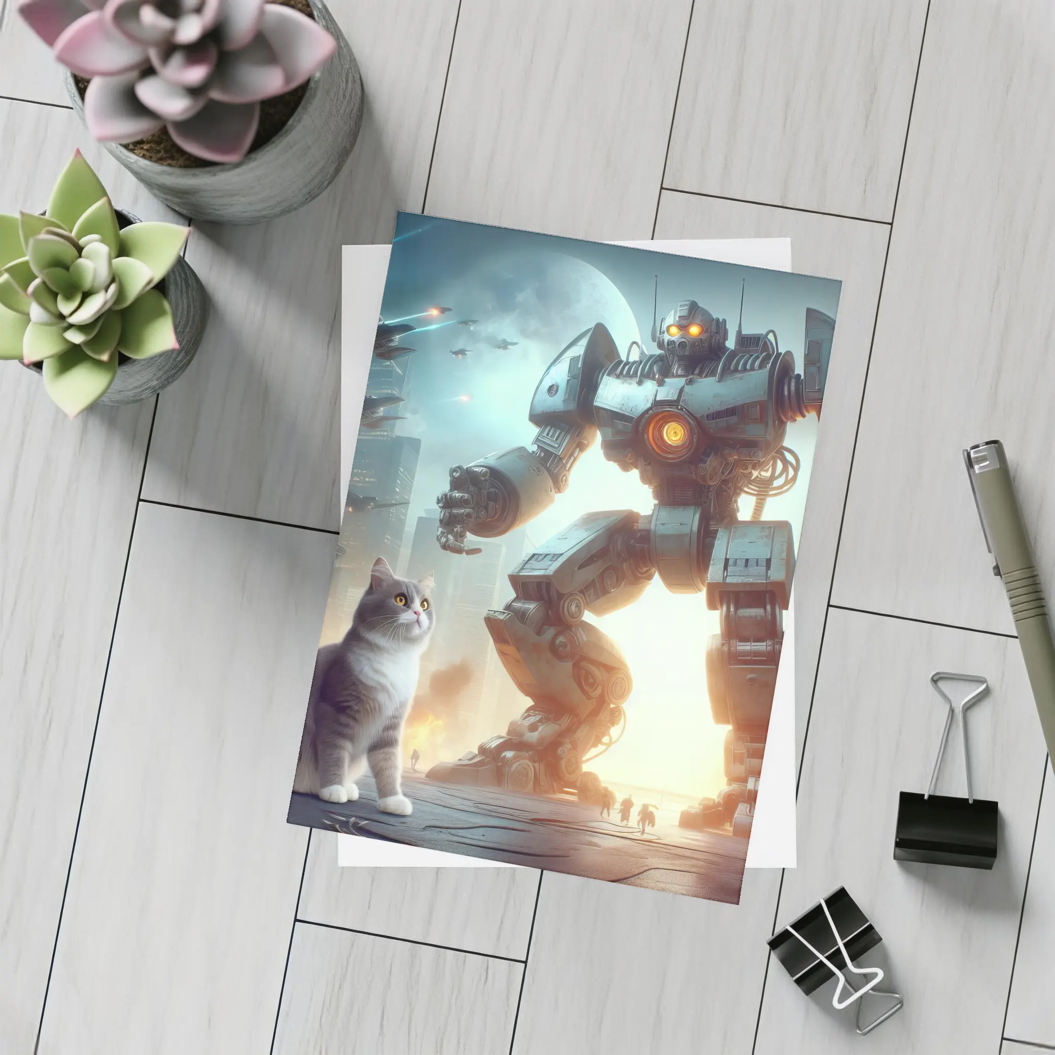 Cat and Giant Robot Futuristic City Battle – Postcards