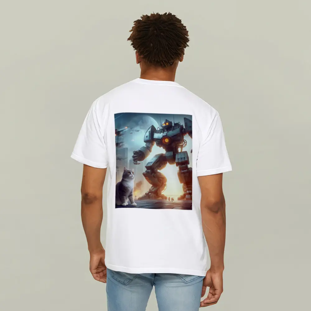 Cat and Giant Robot Futuristic City Battle – T-Shirts