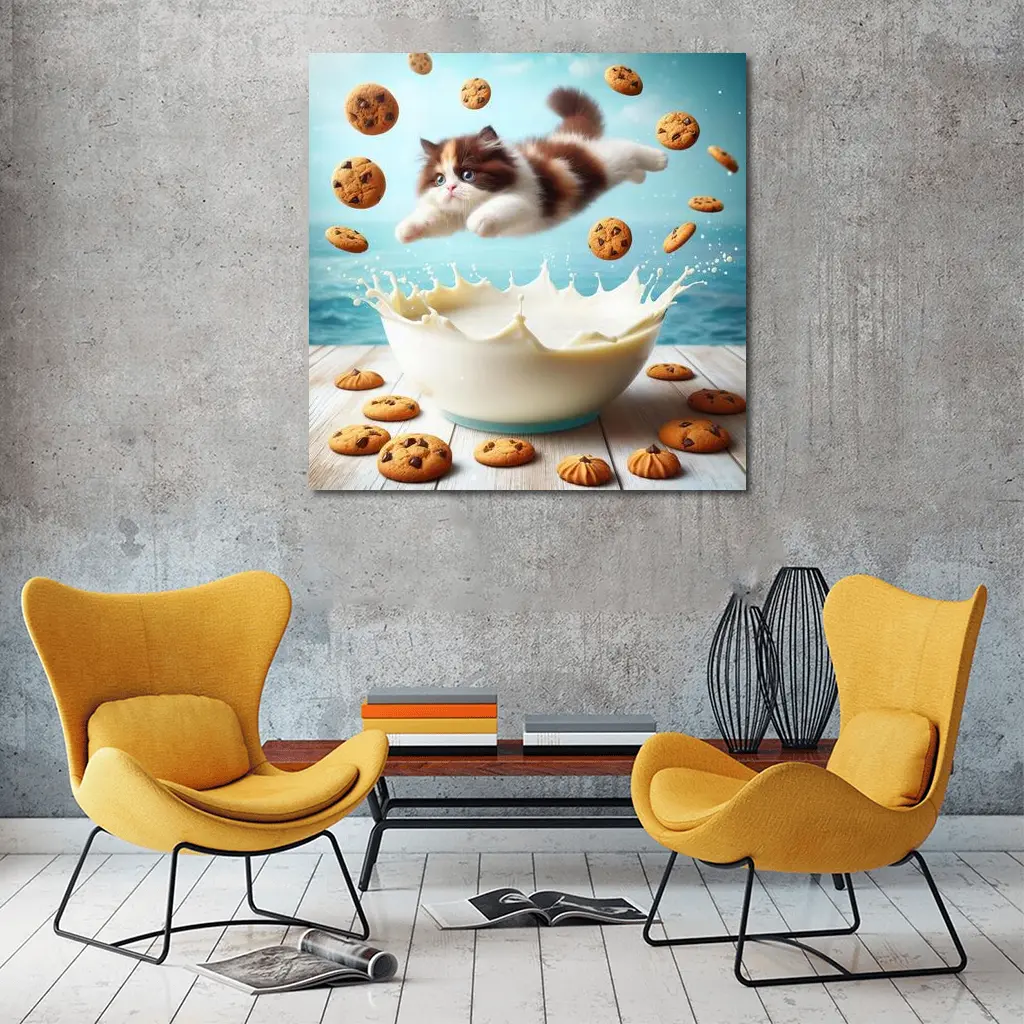 Persian Kitten Diving Into Milk Bowl – Wall Art