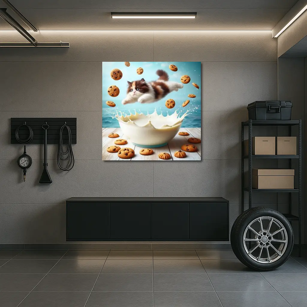 Persian Kitten Diving Into Milk Bowl – Wall Art