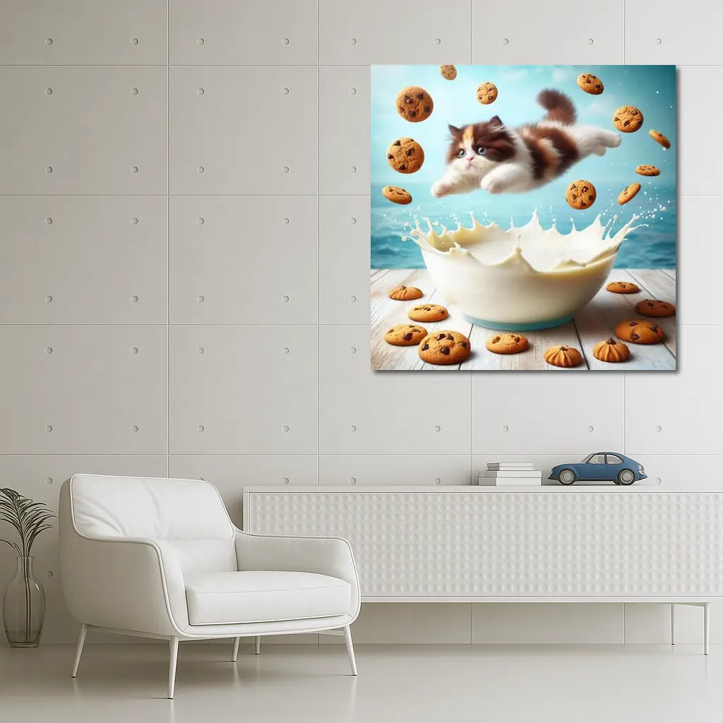 Persian Kitten Diving Into Milk Bowl – Wall Art